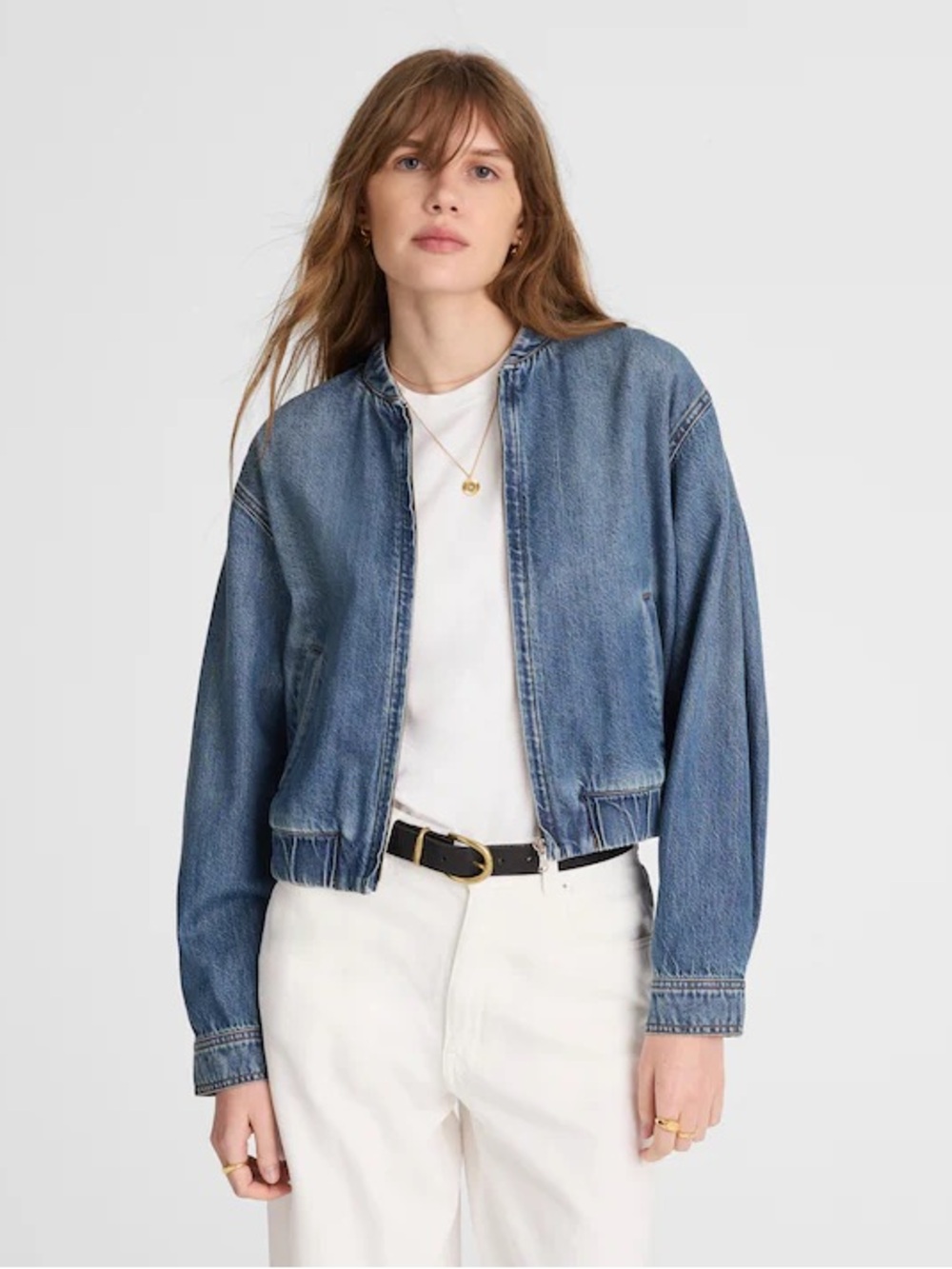 MADEWELL Zip Up Bomber Jacket In Airy Denim XXS‎ Mosby Blue Stand Collar Pleat